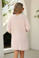 Lange, flauschige Strickjacke mit Fischgrätenmuster und offener Vorderseite